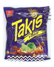 a purple bag of takis fuego tortilla chips