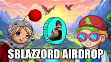 an advertisement for $blazzard airdrop shows a girl and a boy giving a thumbs up