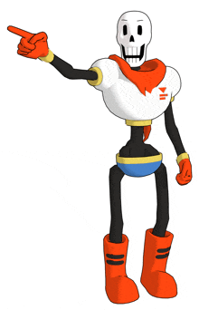 a cartoon drawing of papyrus with a scarf around his neck pointing