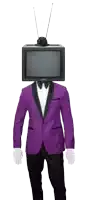 a man in a purple suit has a sony tv head