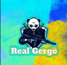 a panda bear is holding a gun in front of a shield with the words real gergo below it .