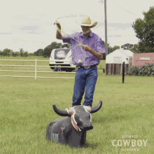 a man in a cowboy hat is standing next to a bull in a field with the words ultimate cowboy showdown on the bottom