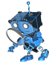 a blue robot is holding a magnifying glass in his hand