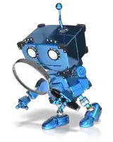 a blue robot is holding a magnifying glass in his hand