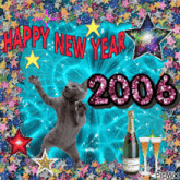 a happy new year 2006 greeting card with a cat and a bottle of moet & chandon