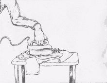 a black and white drawing of a person ironing a shirt