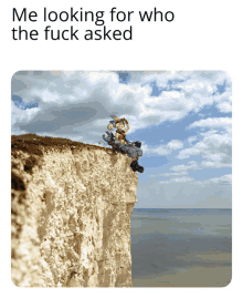 a cartoon of a man sitting on the edge of a cliff with the words me looking for who the fuck asked below him