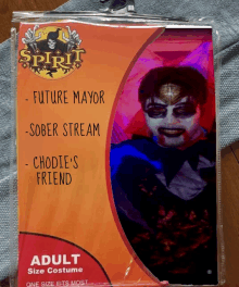 a package of spirit adult size costume features a clown