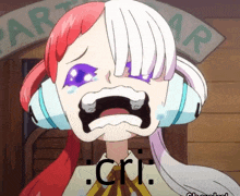 a cartoon girl with headphones on her ears is crying with her mouth open .