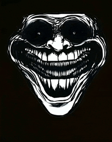 a black and white drawing of a creepy face with a big smile