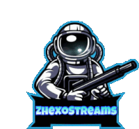 a logo with an astronaut holding a gun and the words zhexostreams below him