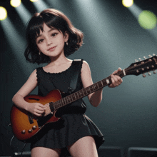 a girl in a black dress is playing a gibson guitar