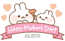 a happy mother 's day greeting card with two rabbits and hearts .