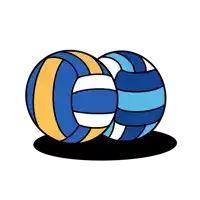 two blue and yellow volleyballs are stacked on top of each other on a white background