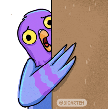 a cartoon of a pigeon peeking out from behind a wall with the name bioartem on the bottom