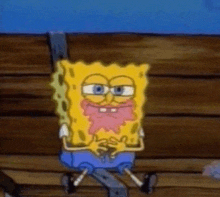 spongebob is sitting on a wooden bench with a beard .