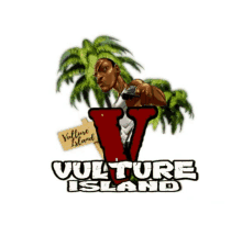 a vulture island logo with a man holding a gun in front of palm trees