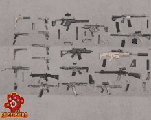 a bunch of guns are displayed on a wall with bn servers written on the bottom