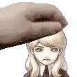 a hand is holding a girl 's head in a pixel art .