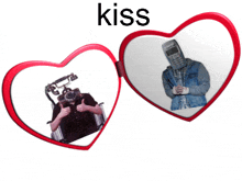 a heart shaped mirror with a picture of a man with a cell phone on his head and the word kiss above it