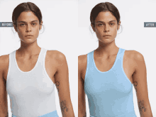 a before and after photo of a woman in a tank top