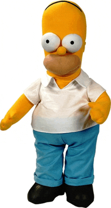 a stuffed homer simpson with big eyes is wearing a white shirt and blue pants