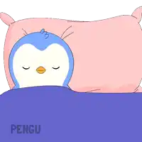 two penguins are sleeping in a bed with the word pengu on the bottom right