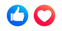 a blue circle with a thumbs up and a red circle with a heart on it