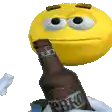 a smiley face is holding a bottle of beer and a cigarette .