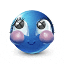 a blue smiley face with big eyes and pink cheeks is smiling .