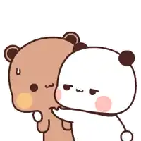 a brown bear and a white panda bear are hugging each other and looking at each other .