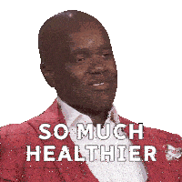 a man in a red suit has the words so much healthier on his face