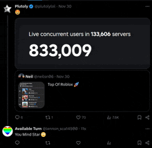 a screenshot of a twitter post that says live concurrent users in 133,606 servers 833,0009