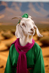 a goat is wearing a green and pink outfit