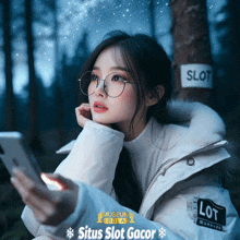 a woman wearing glasses looks at her phone with situs slot gacor in the corner