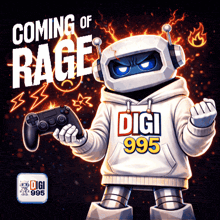 a robot with a hoodie that says coming of rage on it