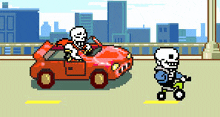 a pixel art of a skeleton driving a car and a skeleton riding a bike .