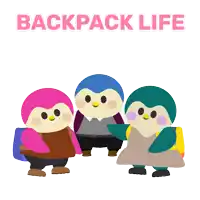 three penguins are standing next to each other with the words backpack life behind them
