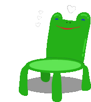 a green frog sitting on a chair with three hearts above it