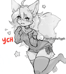 a black and white drawing of a fox with the words ych on the bottom right