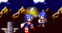 a pixel art of sonic the hedgehog holding a sword in front of mountains