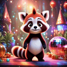 a cartoon raccoon is standing on a table with a disco ball in the background