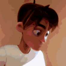 a close up of a cartoon character 's face with a white shirt on .