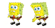 a cartoon of spongebob covering his mouth and another cartoon of spongebob clapping his hands