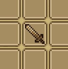 a pixel art of a sword in a cage on a brown background .