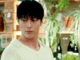 a man in a white sweater is standing in front of a shelf with potted plants