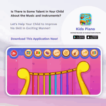 an advertisement for a kids piano app that is available on google play and the app store