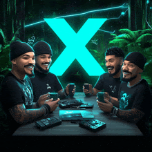 four men are sitting at a table with a large x in the background