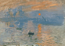 a painting by claude monet shows a boat in the water