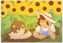 a drawing of two girls in a field of sunflowers with the name kapustine on the bottom right